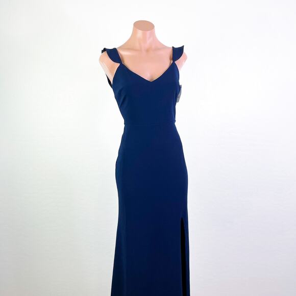 WAYF The Mina Ruffle Strap Sleeveless V-Neck Side Slit Gown Blue size S NWOT - Picture 2 of 11